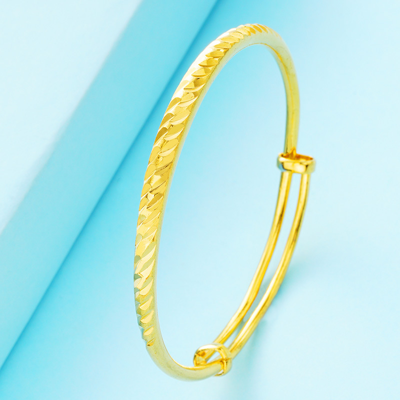 圆肚车花推拉沙金手镯女 铜镀24k真金可调节手环越南沙金镯子批发