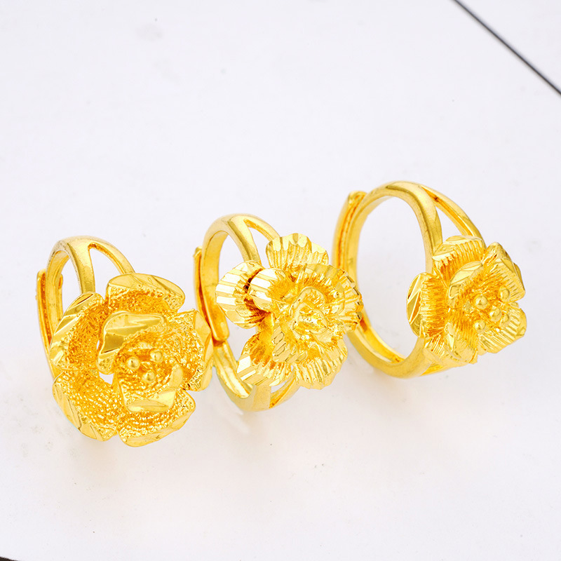 厂家直销新品足金康乃馨花朵女仿戒黄金戒指送妈妈礼物活口可调节