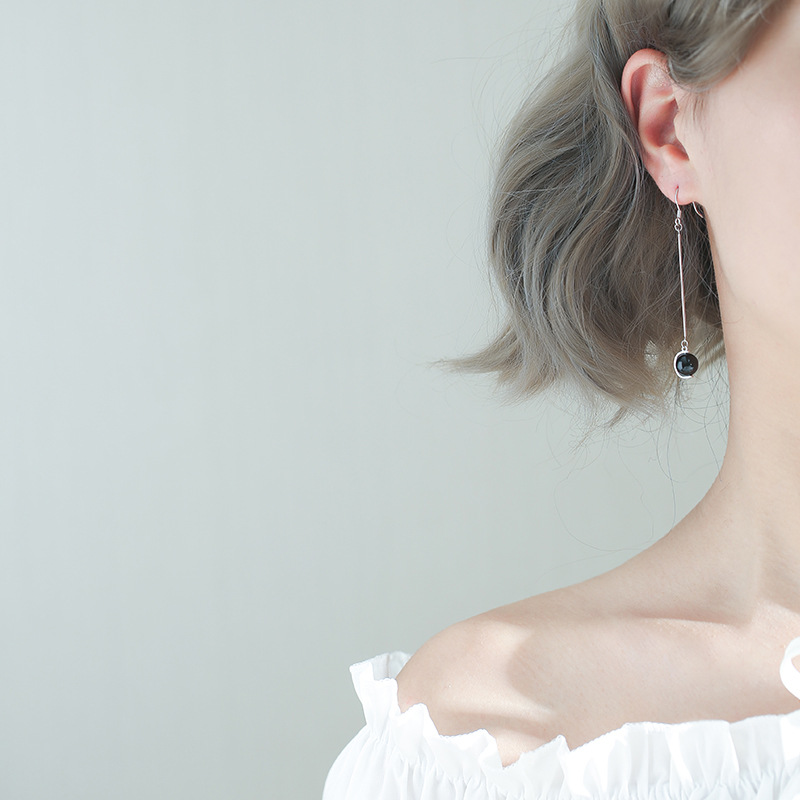 925纯银黑玛瑙不对称耳坠长款气质韩国欧美个性简约百搭耳环331E