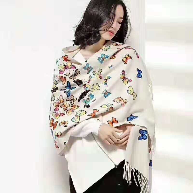 秋冬新款纯山羊绒披肩蝴蝶印花高逼格双面多功能精纺加厚空调围巾
