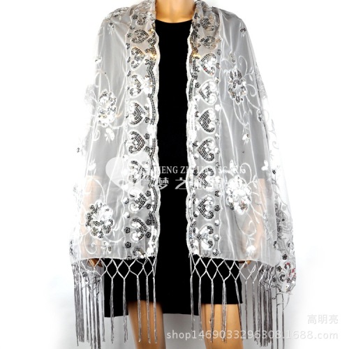 spring and summer new mesh sequined embroidered scarf tassel long scarf evening gown bridal shawl