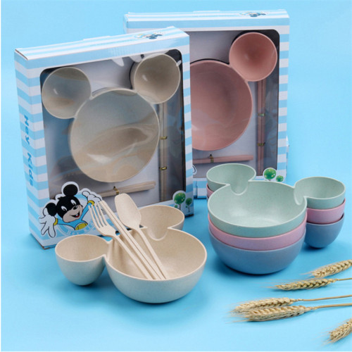 Cartoon Children‘s Gift Tableware Set Wheat Big Head Mickey Bowl Set Children‘s Bowl Fruit Plate Cartoon Grid