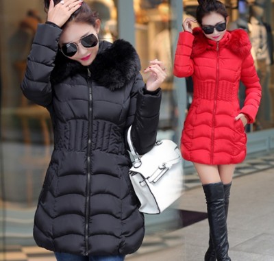 Down jacket women's fashion slim long style cotton-padded jacket thickened heavy wool collar hooded cotton-padded jacket
