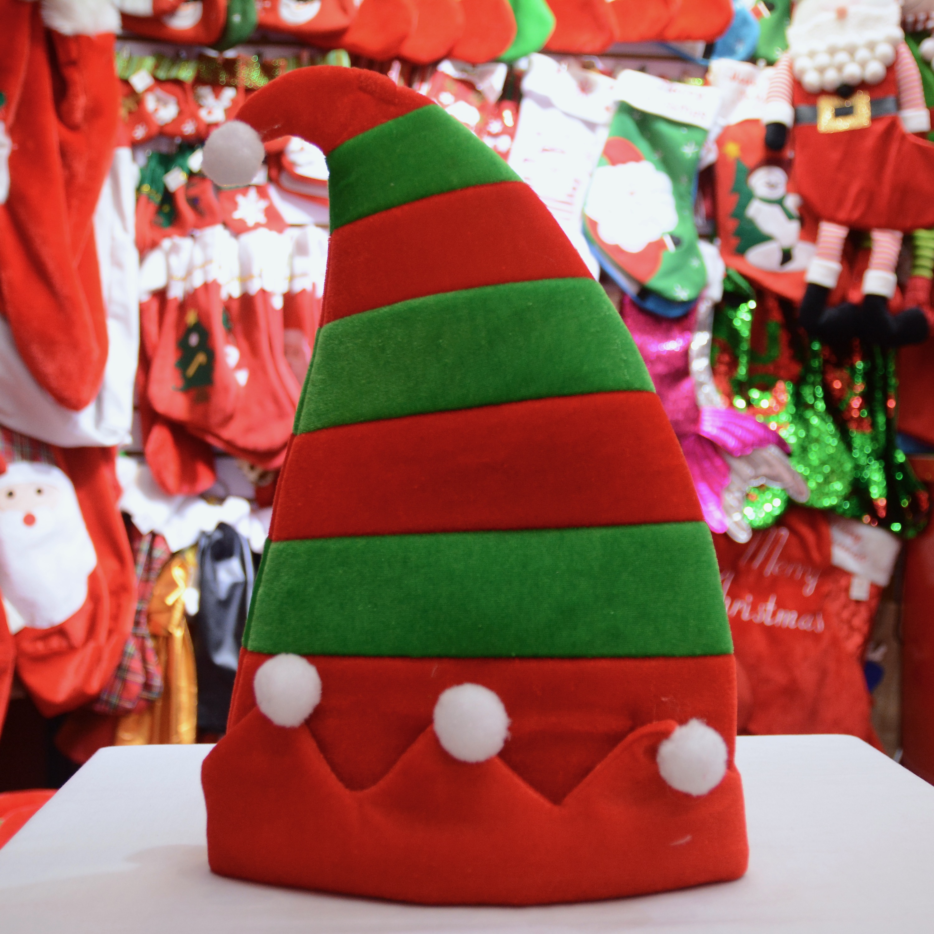 圣诞帽圣诞节派对装饰品金丝绒红绿条复合帽精灵帽圣诞搞怪可爱帽