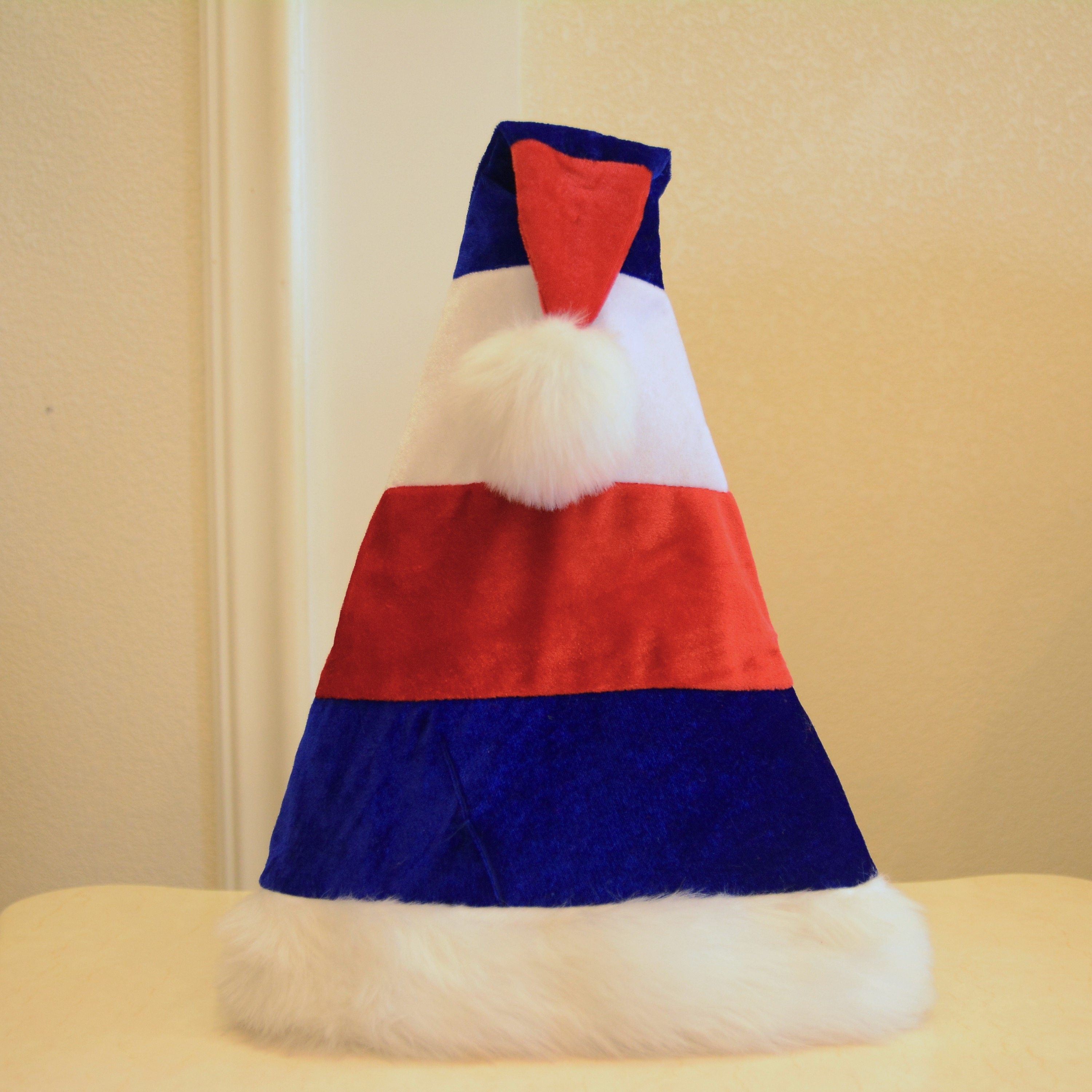 圣诞节金丝绒红白蓝条纹帽高档圣诞帽派对用品节日装饰厂家直销
