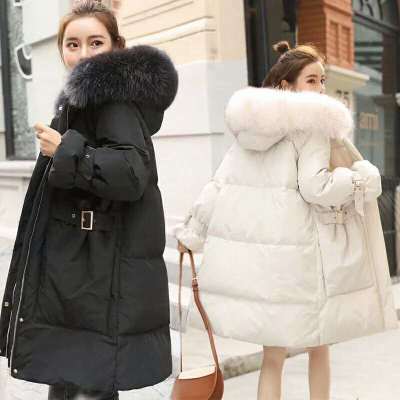 White thickened medium length down cotton-padded jacket with a fashionable knee-length coat with a large woollen collar