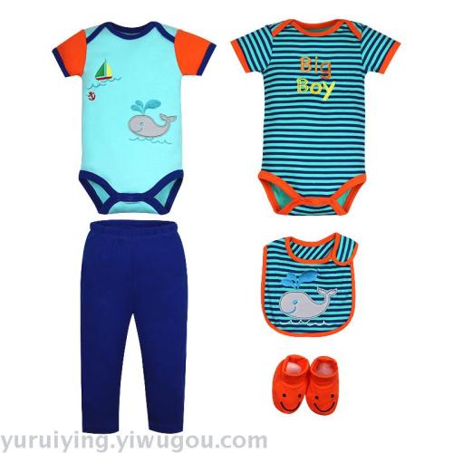 -Piece Set short-Sleeved Romper Suit Striped Short-Sleeved Clothes Bib Embroidered Short-Sleeved Clothes Printed Clothes 