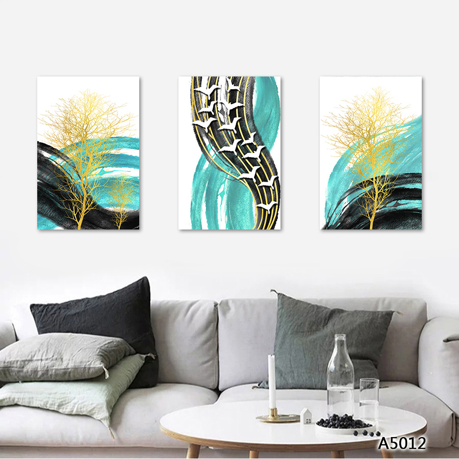 新简欧壁画现代油画树木发财树挂画北欧客厅沙发背景墙三联装饰画