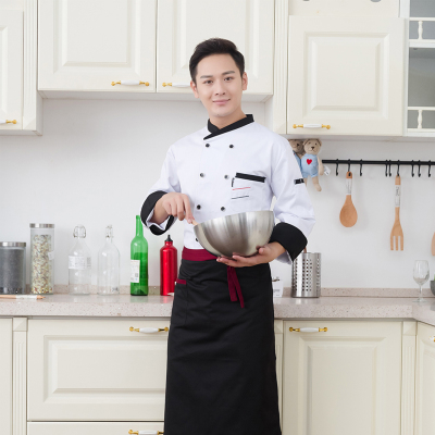 Double-breasted, stand-up collar, matching pocket, long-sleeve chef's suit