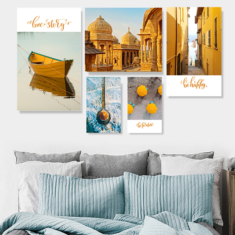 厂家直销油画五个包邮卧室客厅无框画 北欧黄色风景组合套装饰画