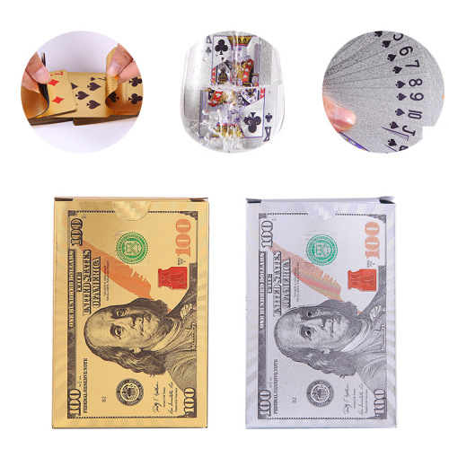 Factory Direct Sales 24K Waterproof Gold Foil Playing Cards PET Plastic Golden Poker Cross-Border Supply Foreign Currency Pattern Wholesale