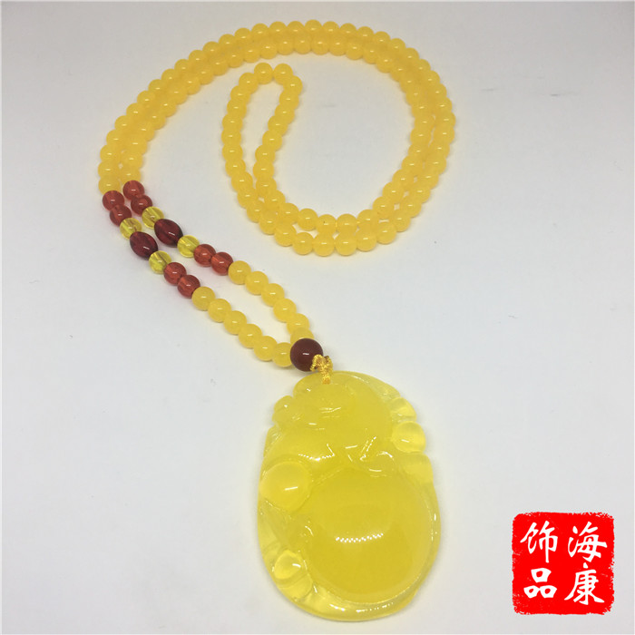 二代荧光蜜蜡项链 仿蜜蜡鸡油黄蜜蜡吊坠 男女款琥珀琥珀 毛衣链