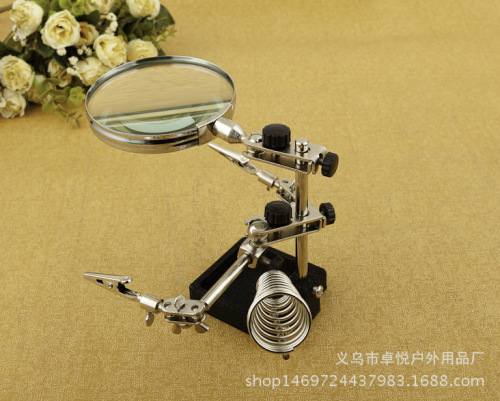Factory Direct Sales 90mm Three-Hand Multi-Function Clip-on Magnifying Glass with Spring Auxiliary Clip Experimental Magnifying Glass