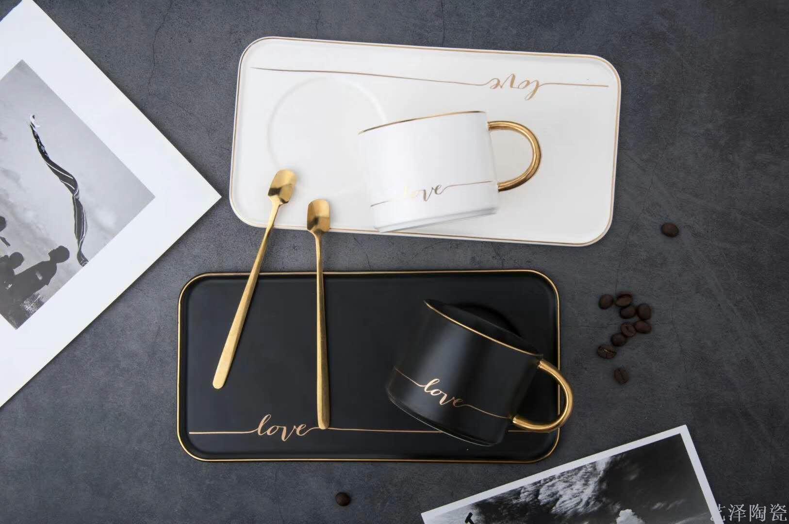 描金陶瓷咖啡杯碟长托盘早餐杯高档情侣杯子