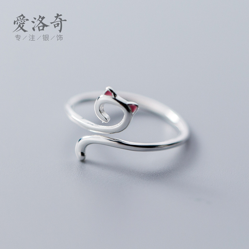 s925纯银韩版甜美可爱学生简约创意少女个性开口小猫咪纯银女戒指