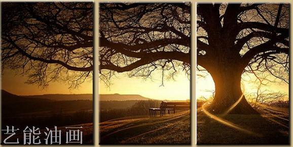 风景画大榕树三拼客厅装饰画现代画