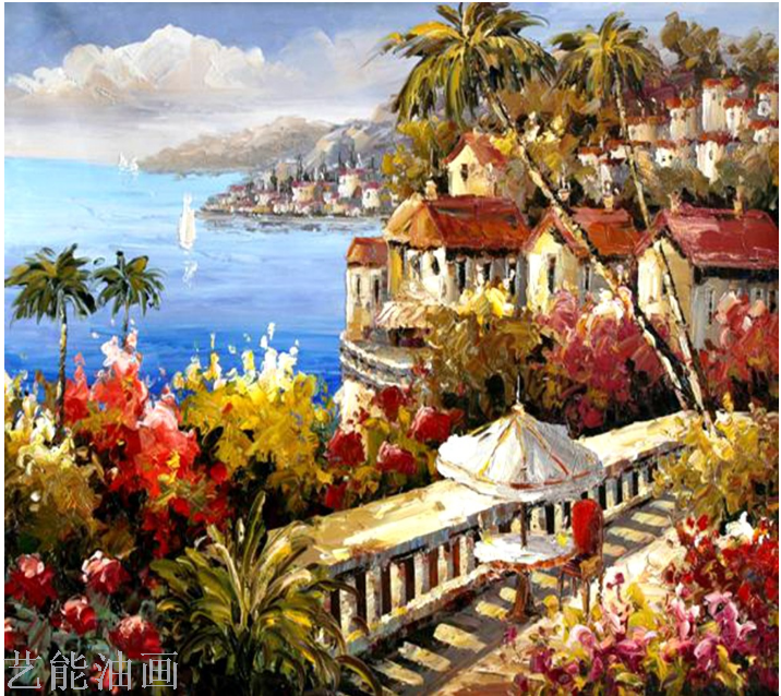 欧美风景画手绘油画喷印画爱情海地中海风格餐厅装饰画wish