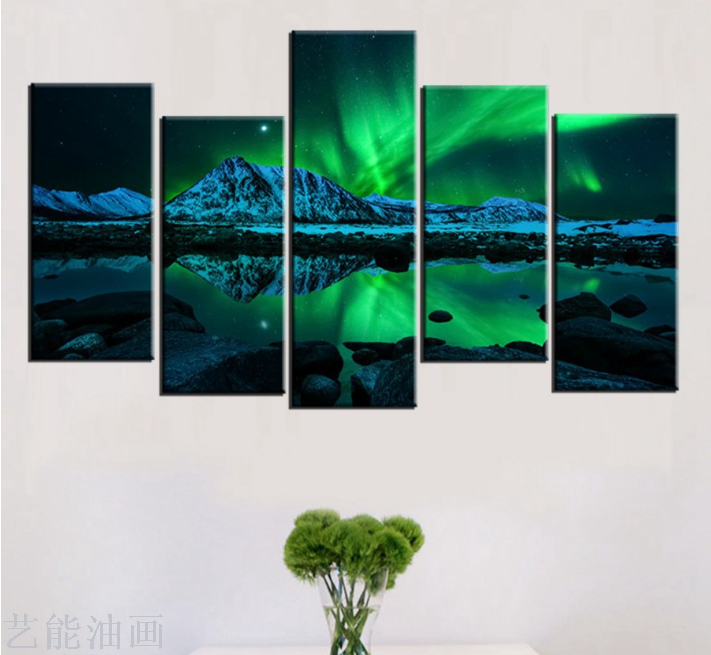 绿色北极光玄关风景画抽象画湖泊卧室装饰画喷绘画