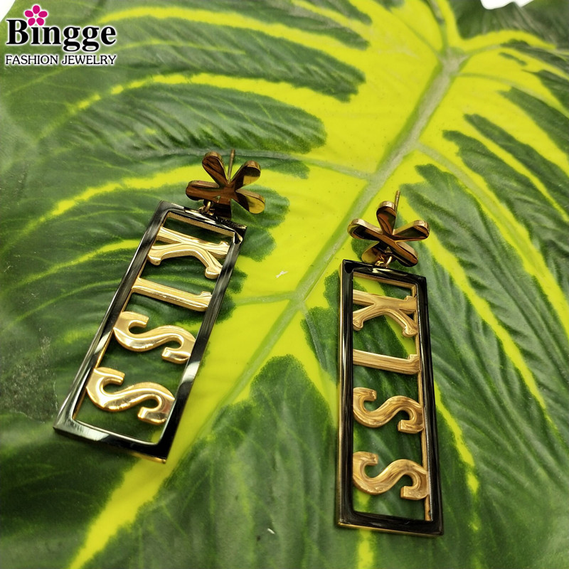 简约韩版小清新饰品个性潮人耳饰黑色长方形边框金色字母KISS耳坠