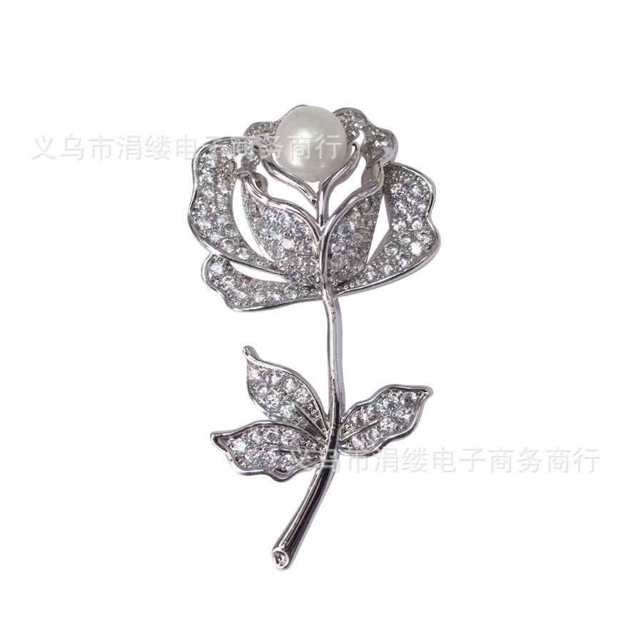 百搭时尚母亲节礼物微镶锆石玫瑰花珍珠胸针别针西装配饰工厂批发