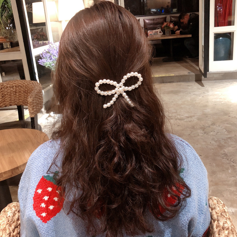 ins网红款白色珍珠发夹女韩版个性气质韩国蝴蝶结夹子发饰