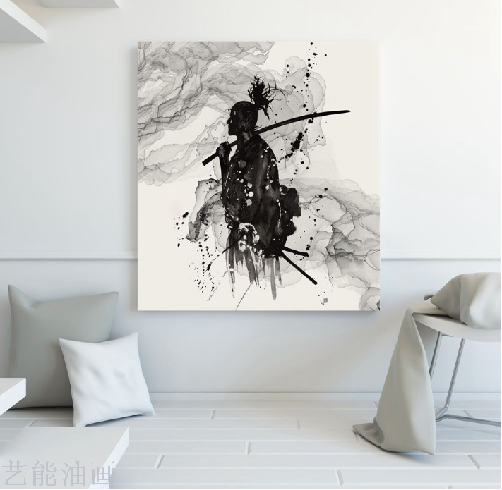 黑白武士水墨画喷印玄关装饰画一件代发日式喷绘画