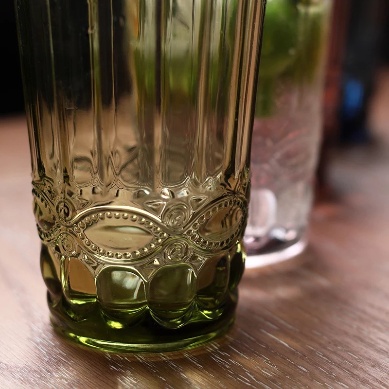 厂家直销高档欧式创意浮雕玻璃杯水杯口杯彩色凉水杯漱口杯果汁杯