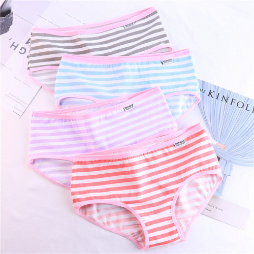 Striped Navy Style Cotton Mid-Waist Briefs Female Striped Stable Color A001-1