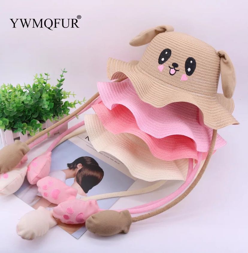 Douyin with moving rabbit ears straw hat children children lovely fisherman hat baby summer shade hat