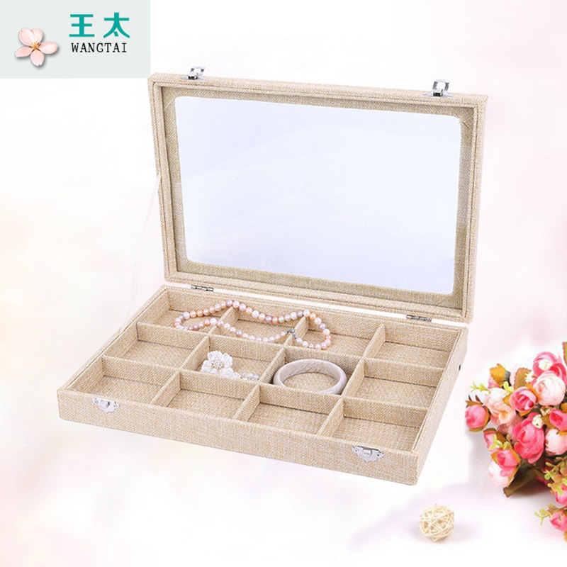 方体12格麻布首饰盒商场展示架 饰品柜台麻布珠宝箱透明托盘批发