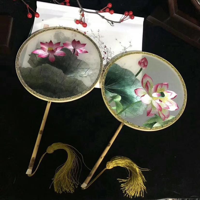 湘妃竹双面刺绣宫廷扇