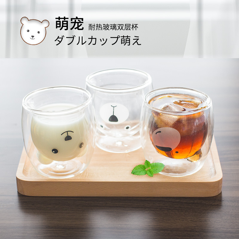 爆款萌宠可爱耐热双层玻璃杯可爱萌熊玻璃水杯牛奶咖啡杯