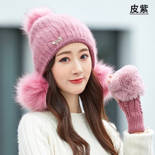 Rabbit Fur Hat Children‘s Winter Korean Style Sweet Cute Fur Ball Autumn and Winter Thermal Knitting Gloves Fleece-Lined Earflaps Woolen Cap