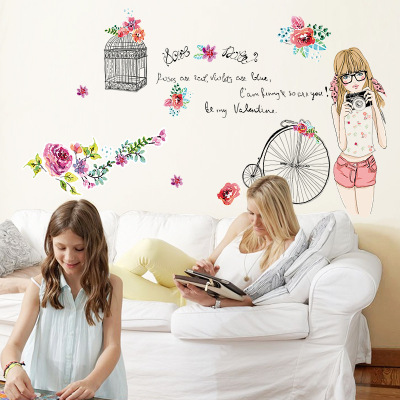 Creative new wholesale flower birdcage bedroom stickers can remove pink girls