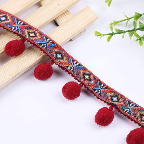 DIY Handmade Textile Accessories Color Geometric Rhombus with Fur Ball Jacquard Embroidery Polyester Lace Ethnic Style Ribbon