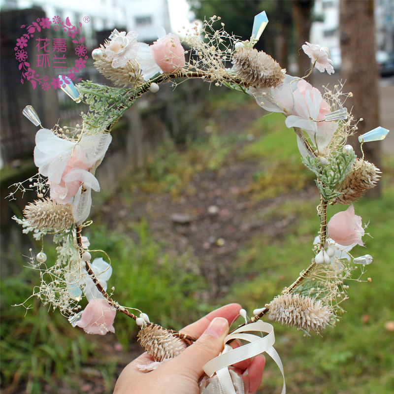 跨境热卖 粉色甜美系仿真花朵珠串手工花 花环 旅游度假花环头饰