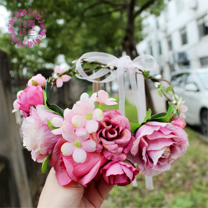 嘉兰饰品爆款欧美时尚布艺花环头饰绢花花卉发箍发带沙滩度假头饰