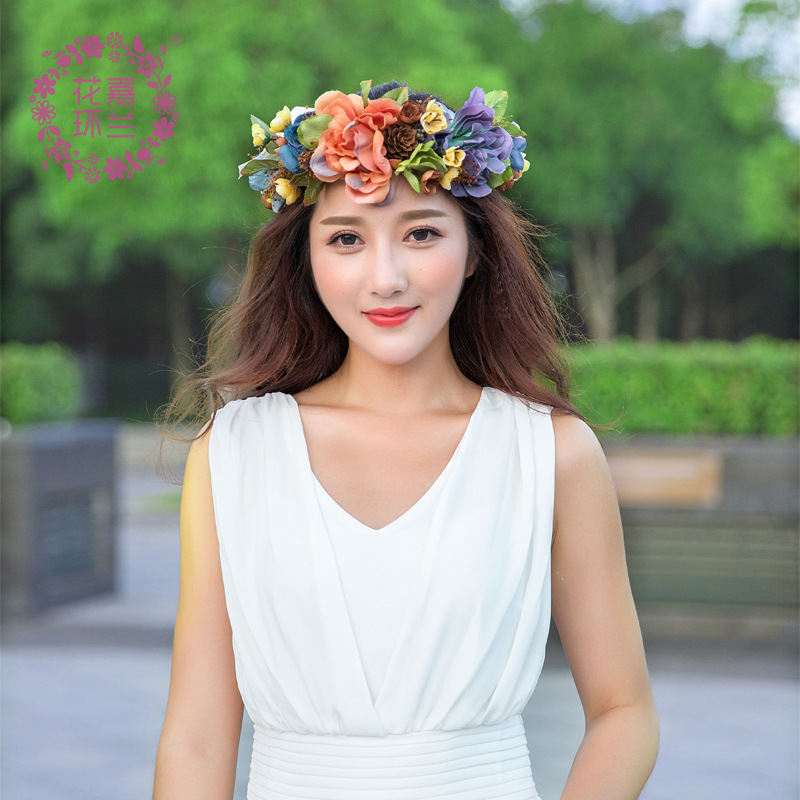 欧美新款时尚波西米亚花朵发带新娘拍照头花海边旅游花环批发