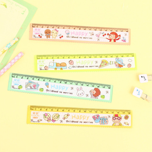 Good Luck Factory Direct Sales Plastic Ruler 18cm Sticker with Wave HD Scale Student Prize Learning Cartoon Ruler