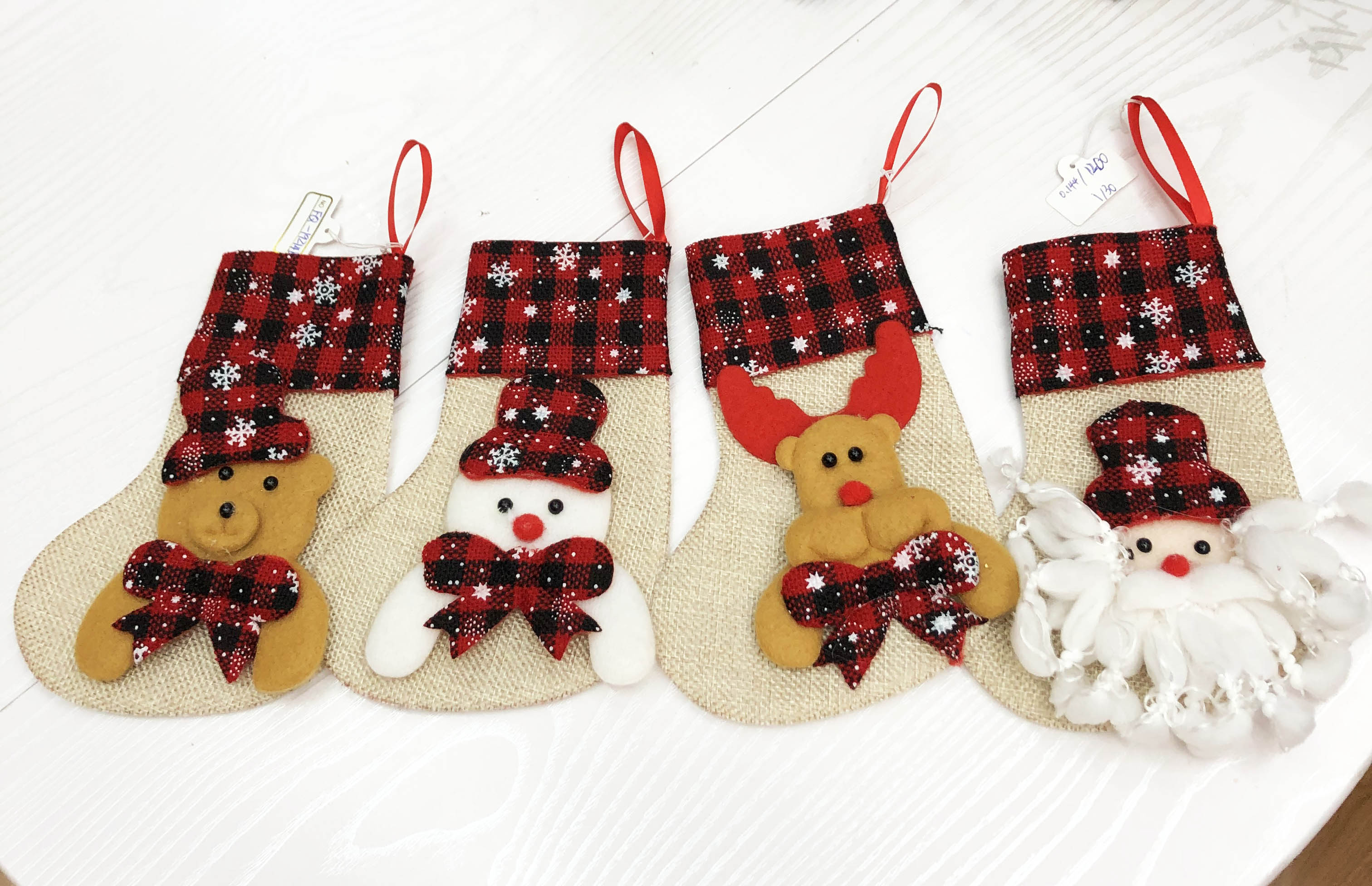 圣诞袜子深红格子圣诞袜麻布款圣诞饰品圣诞树挂件