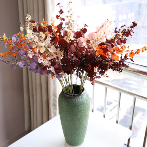 High-End Artificial Flower 4-Fork Autumn Color Large Dancing-Lady Orchid Oncidium Floor Butterfly Orchid Indoor Flower Arrangement and Fake Flower Direct Sales