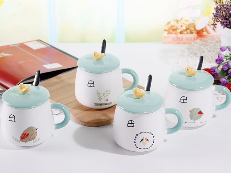 创意田园风小鸟马克杯 卡通手绘陶瓷杯 早餐牛奶咖啡杯