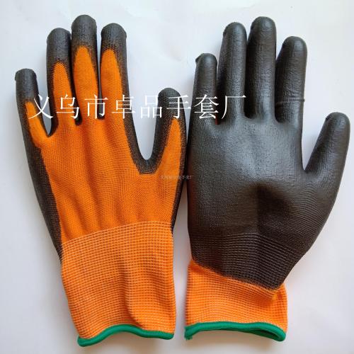 factory direct 13-pin orange yarn black polyester pu adhesive anti-static gloves