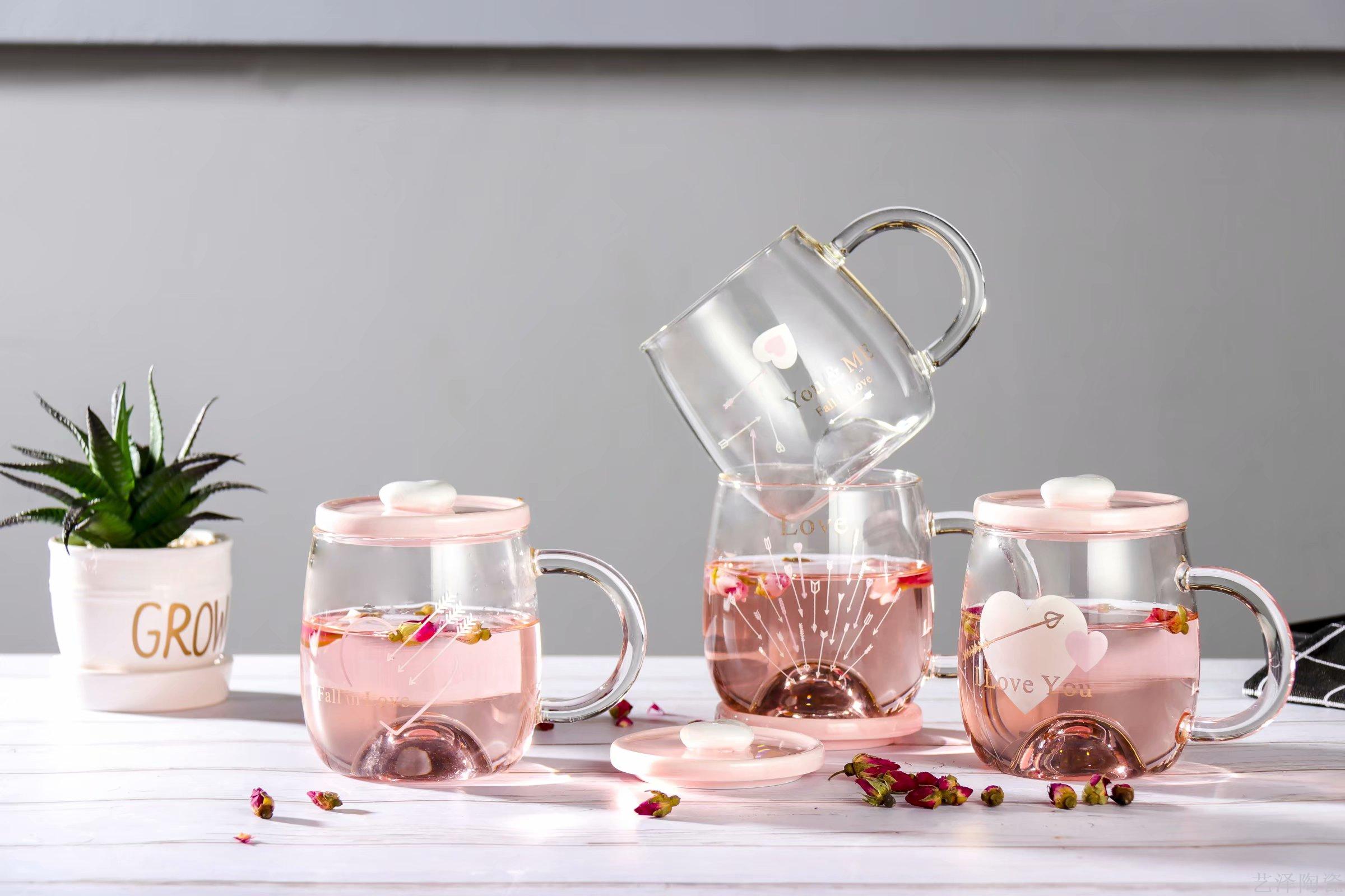 浪漫桃心玻璃杯立体盖水杯