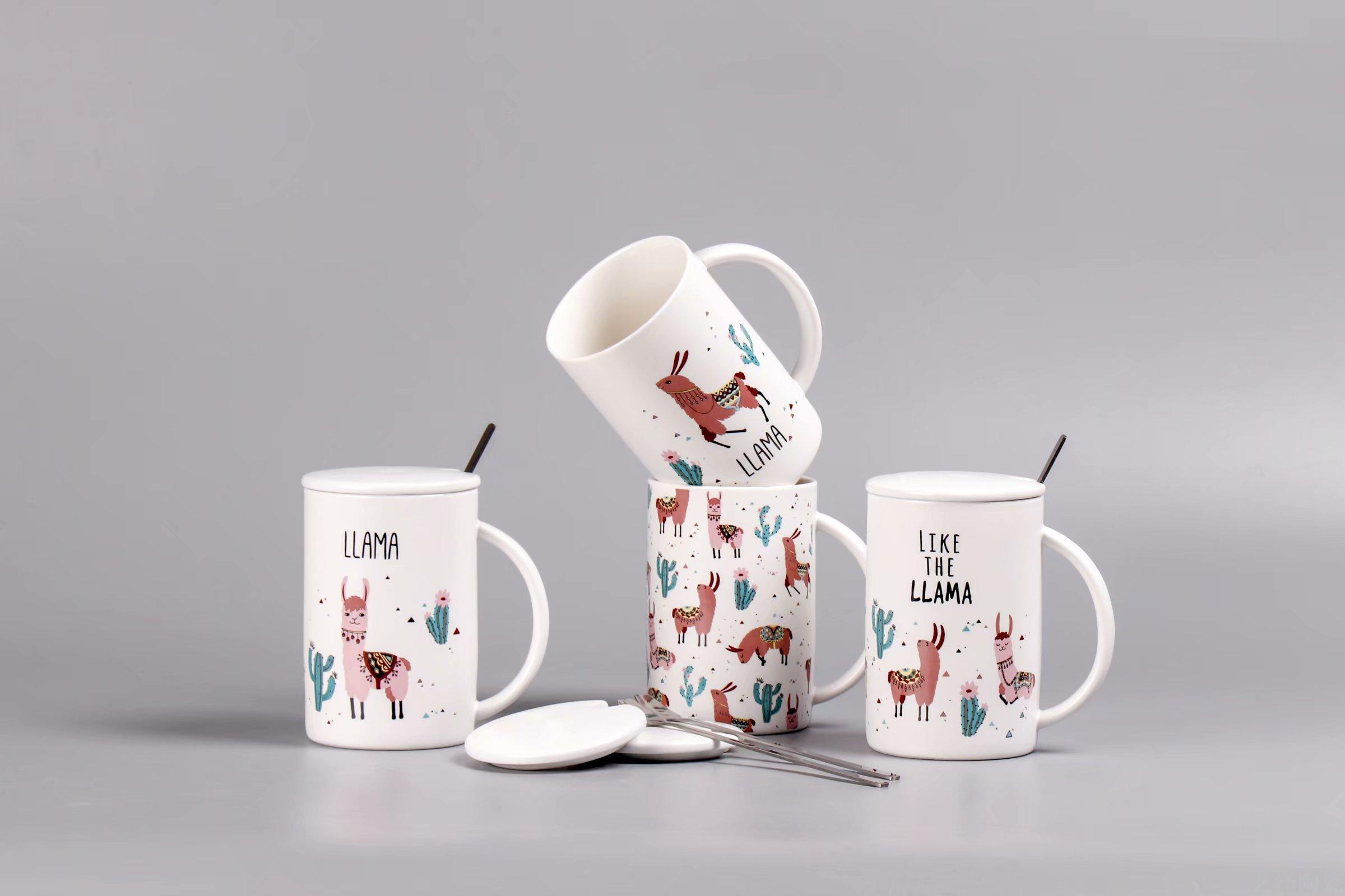 羊驼创意陶瓷杯带盖勺马克杯