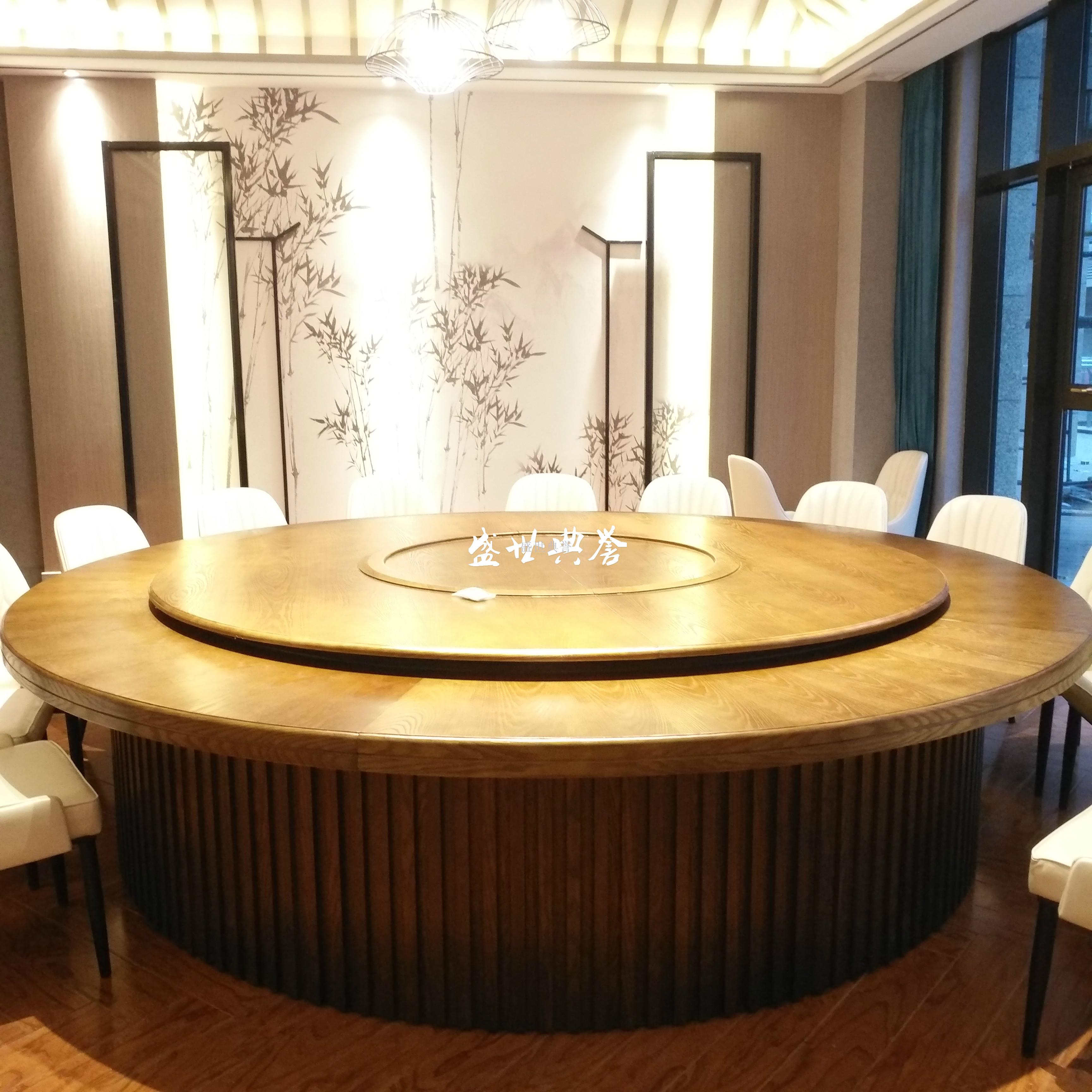 杭州酒店实木大圆桌 豪华包厢电动餐桌新中式实木餐桌椅定做