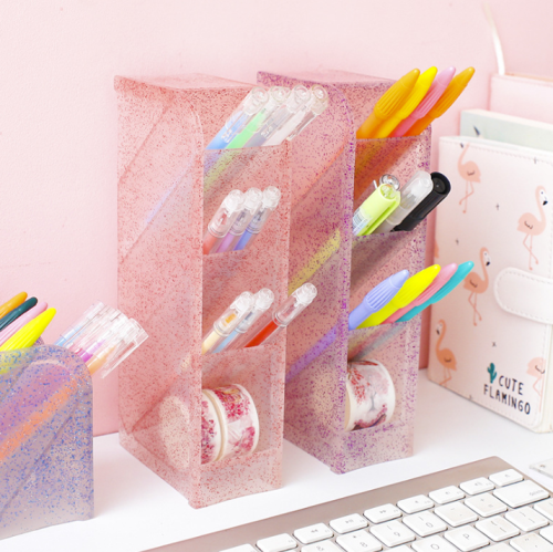 Oblique Tassel Glitter Pen Holder Desk Desktop Organizer Stationery Storage Rack Transparent Makeup Brush Organizer