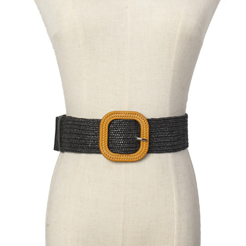 cross-border wholesale pp straw leisure extra wide belt women‘s woven vintage wooden buckle elastic decorative dress shirt waist seal