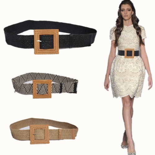 cross-border pp straw leisure super wide belt women‘s woven vintage carved wood buckle elastic decorative dress shirt waist seal