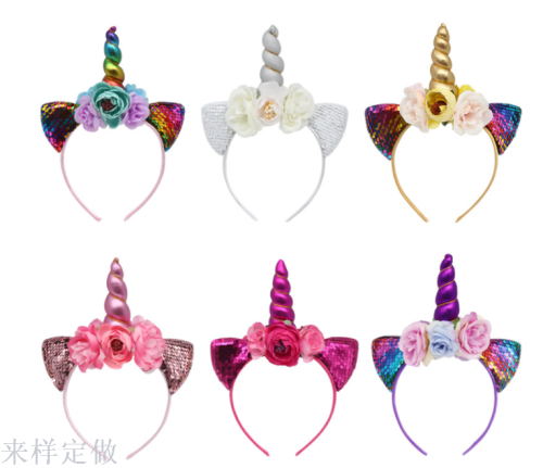 reversible sequins scale ears unicorn headband children halloween headdress baby headband